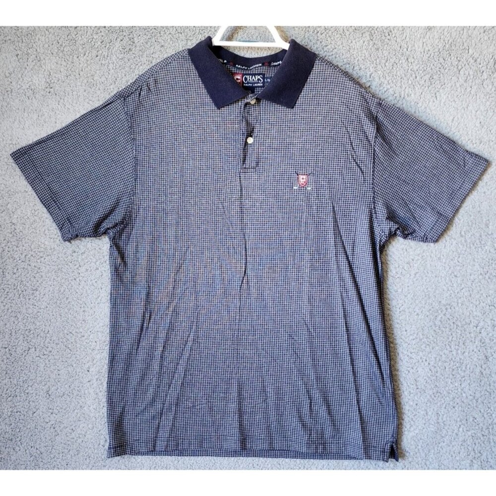CHAPS Ralph Lauren Blue Check Golf Crest Short Sleeve Button Up Shirt Size Large